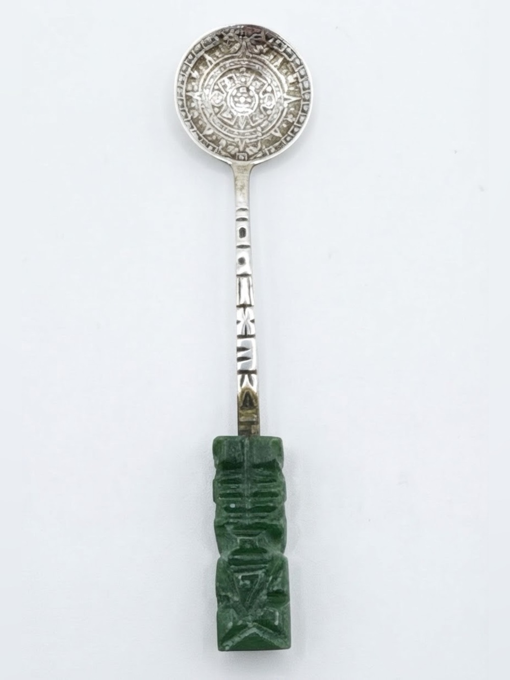 Vintage Hecho En Mexico Aztec Calendar Stone Souvenir Spoon Carved Green Handle